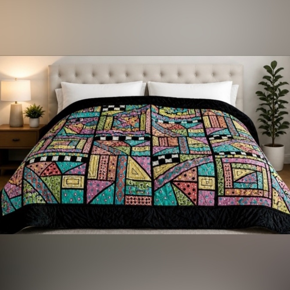 Vintage India Ink Los Angeles Hand Painted King Size Quilt Bedspread Made in USA